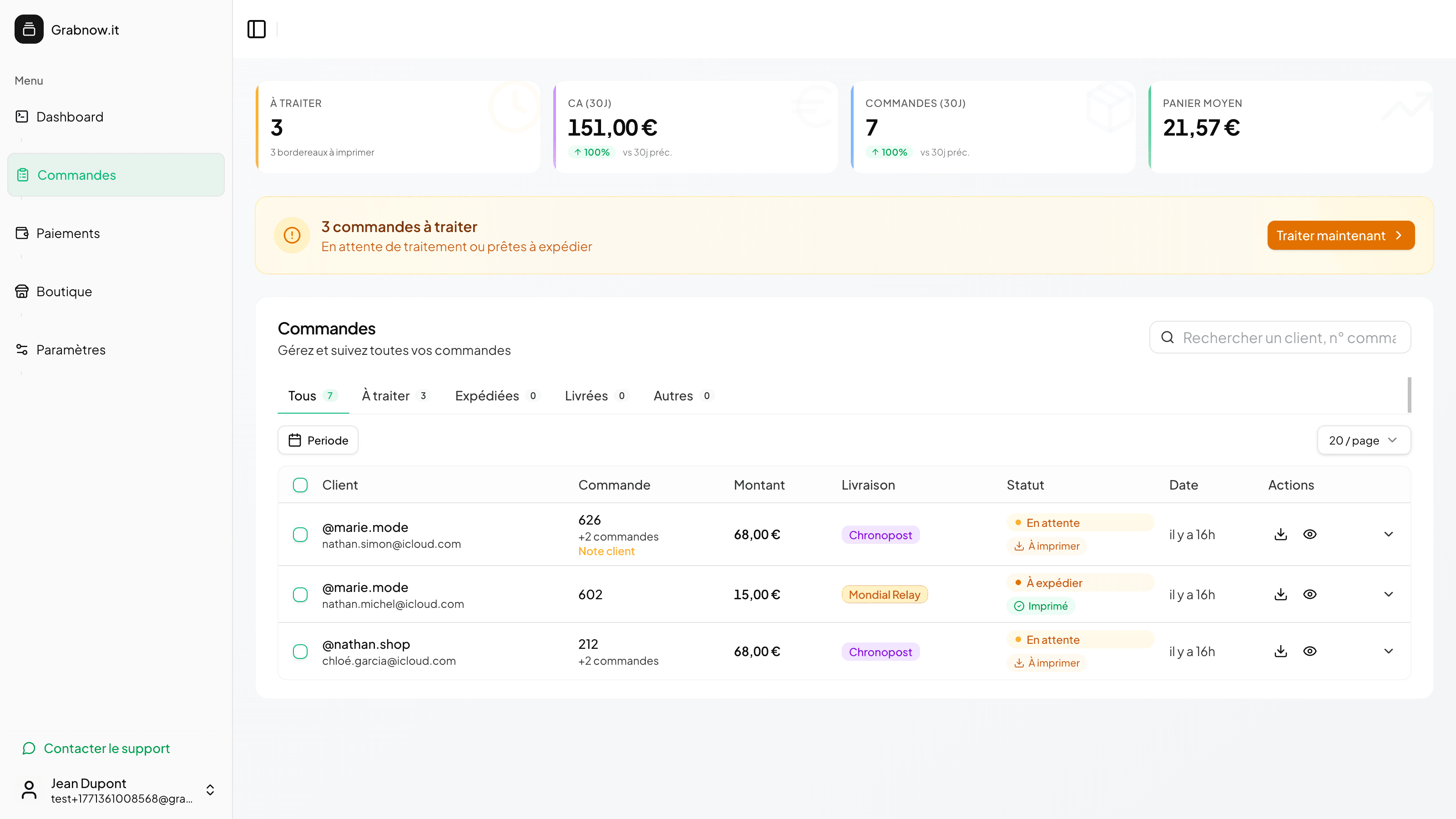 Dashboard Grabnow — liste des commandes