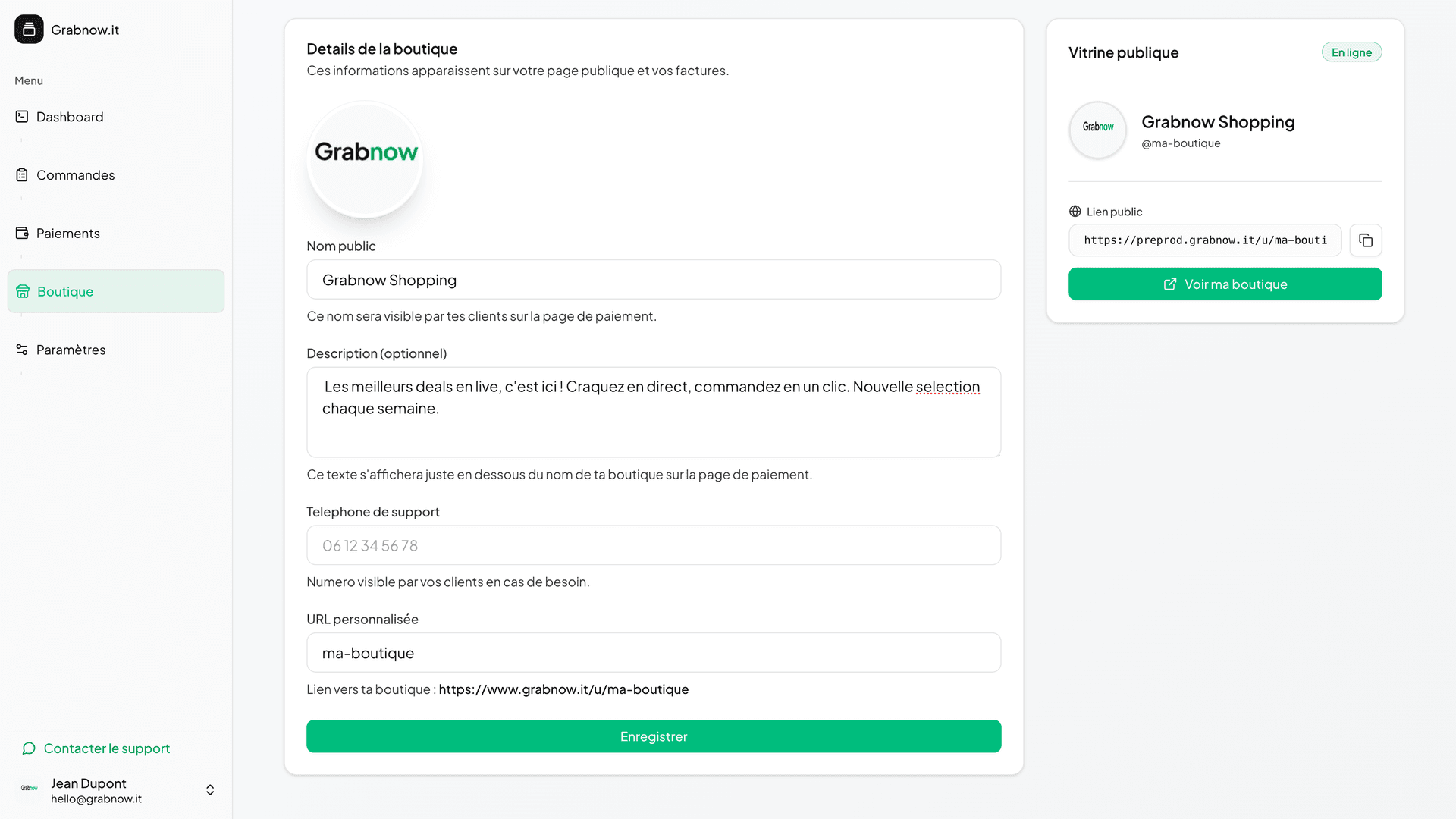 Page boutique avec lien de partage